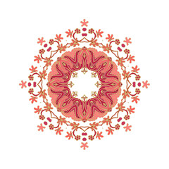 Red decorative rosette - mandala with floral motif, on white background	