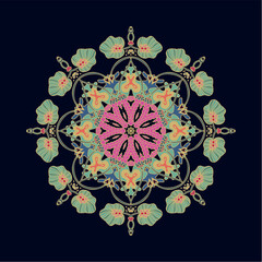 Colorful laced decorative rosette - mandala with floral motif, on dark background	