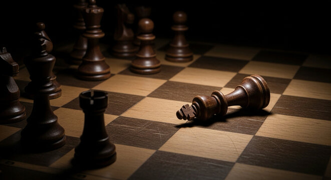 Dark chessboard with fallen king piece strategic game concept with defeated monarch checkmate situation