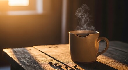 A steaming cup of coffee sits on a wooden table beside a whisk, bathed in warm sunlight streaming through the window.