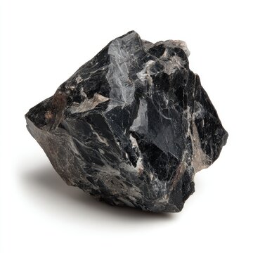 Jagged black mineral shard with sharp edges, isolated on white