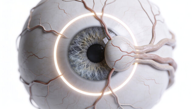 Comprehensive human eye anatomy with optic nerve connection showing retina visual pathway brain occipital lobe for neuroophthalmology and neurology education