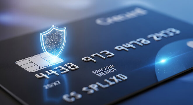 Secure credit card with luminous digital shield icon hover above microchip representing online ecommerce fraud prevention protection and safe financial transaction payment technology