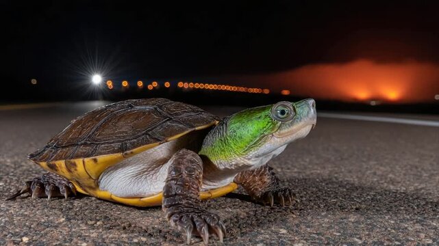Turtle on road at night with lights and orange glow in the background
