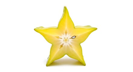 A starfruit slice is showcased from a top view, highlighting its star shape and vibrant yellow color on a clean white surface.