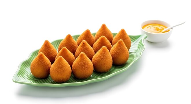 Golden-brown Brazilian coxinhas presented on a unique leaf platter. Brazilian food