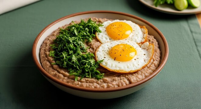 Hearty Brazilian tropeiro beans served with two fried eggs. Brazilian food