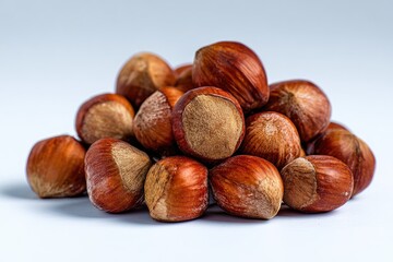 Obraz premium A pile of whole, brown hazelnuts with textured shells on a light background