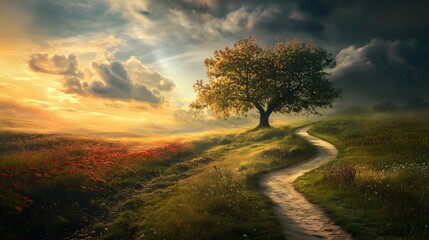 A solitary tree stands tall on a hilltop, bathed in the golden light of a dramatic sunset. A winding path leads towards it, offering a sense of peace and tranquility.