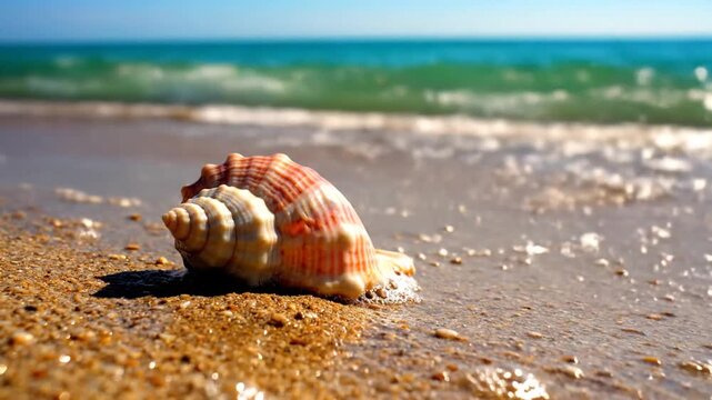Close up view of a seashell on a sandy beach with gentle waves and clear turquoise water in the background