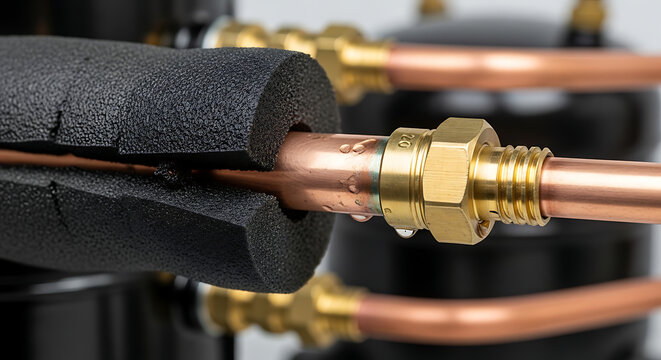 Detailed macro view of a copper refrigerant pipe line featuring brass fitting, connector, and thermal insulation on an industrial HVAC cooling system unit.