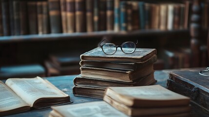 A stack of vintage books with glasses on top, resting on a wooden table in a library with bookshelves in the background.