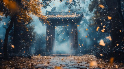 A stone archway with a misty, autumnal backdrop, surrounded by falling leaves and a path leading to the archway.