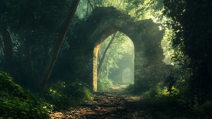 A stone archway stands in a misty forest, leading to a path through the trees.