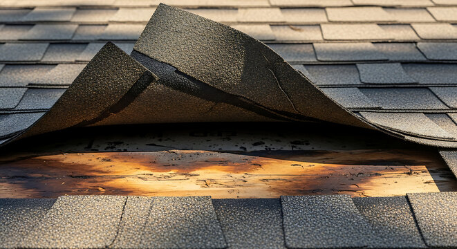 Detailed macro view of damaged asphalt roofing shingle showing structural gap and exposed wet underlayment requiring urgent home maintenance repair and renovation to fix water leak issue
