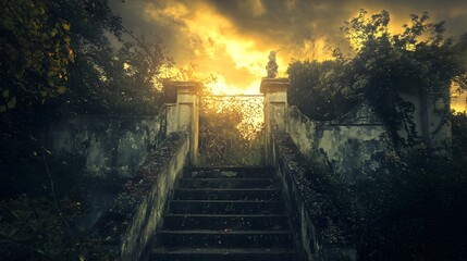 A stone staircase leads up to a weathered gate, framed by overgrown greenery and a dramatic sunset sky.