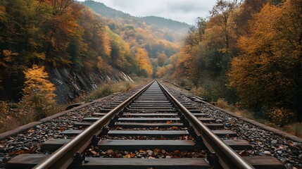 A straight railway track through an autumnal forest leads to a misty horizon.