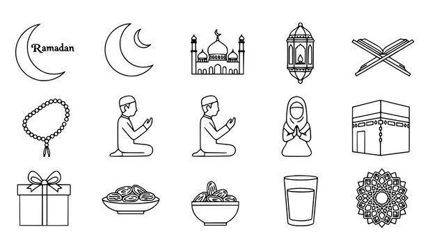 Islamic Ramadan and Eid Mubarak Icon Set Outline Vector Collection