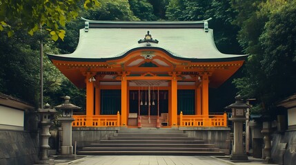 A traditional Japanese temple with orange walls and green roof, surrounded by lush green trees.
