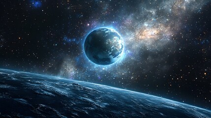A vibrant blue planet with glowing light, a swirling galaxy in the background, and a celestial body in the foreground.