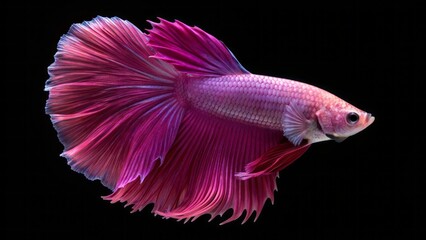 Fototapeta premium Vibrant Pink Betta Fish with Flowing Fins Swimming Against Black Background