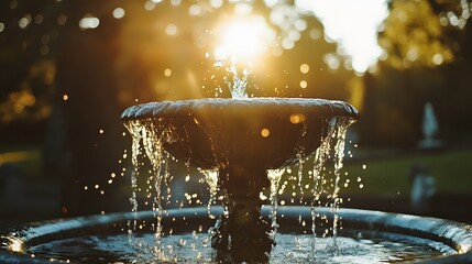 Close-up of a fountain with water splashing in the sunlight.
