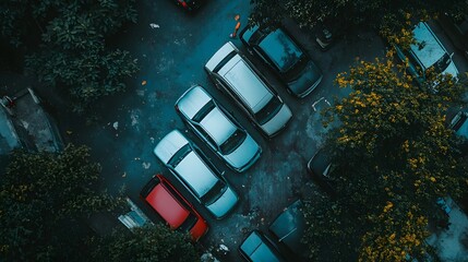 An aerial view of a parking lot with cars parked in rows between lush greenery.