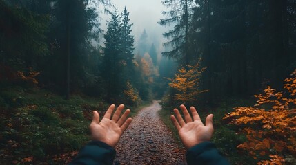 Hands reaching out towards a foggy forest path with autumn leaves on the ground.