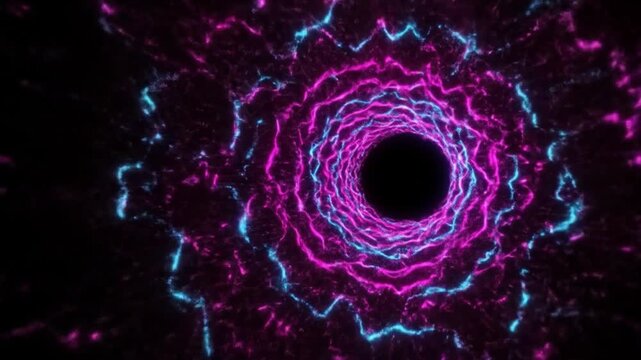 Vibrant pink and blue neon light swirls forming a spiral pattern around a black hole on a dark background. Perfect for technology, science, and futuristic presentations.