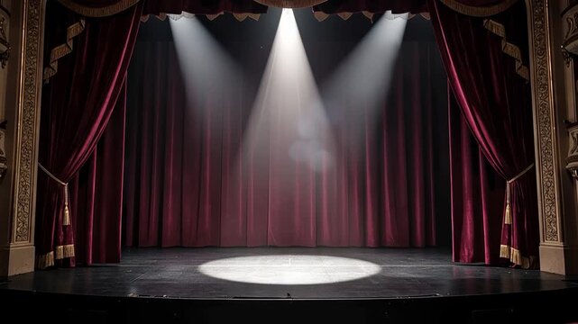 Empty theater stage with red velvet curtains and spotlight in dramatic atmosphere