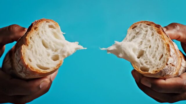 Close up of dark skinned hands breaking a fresh loaf of crusty bread against a vibrant blue background.