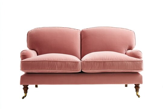 Plush rose velvet sofa with carved wooden legs and brass casters
