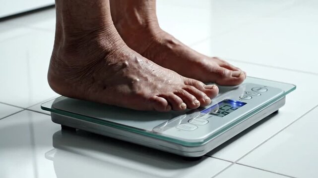 Close up of a persons bare feet stepping on a digital bathroom scale.