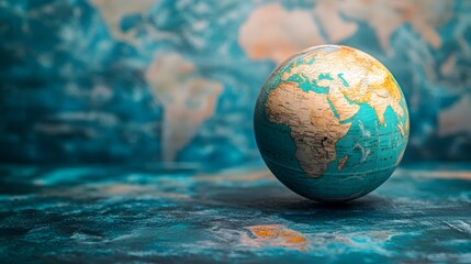 A vintage globe sits on a blue and green map, representing global connections and exploration.