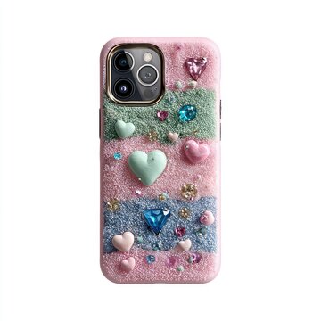 Fluffy, heart-adorned phone case with gems and pastel stripes
