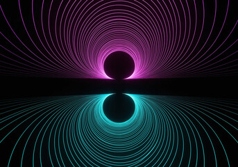 Fototapeta premium Futuristic neon spiral tunnel background with symmetrical purple and blue lines