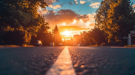 A white lane line on an asphalt road leading to a sunset in the distance, framed by trees.