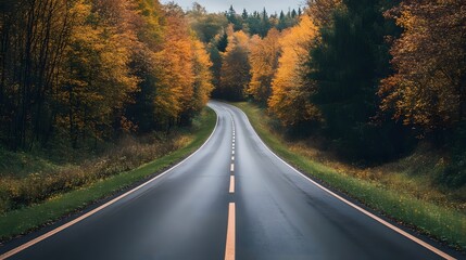 A winding road through a forest with autumn leaves, after a light rain.