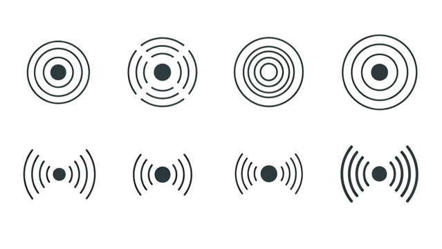Set of wireless signal icons in concentric circles and varying sizes for technology graphics.