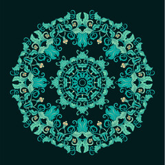 Turquoise decorative rosette - mandala with floral motif, on dark background	