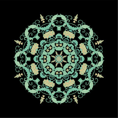 Turquoise decorative rosette - mandala with floral motif, on dark background	