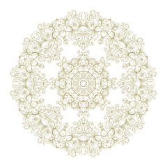 Golden decorative rosette - mandala with floral motif, on white background	