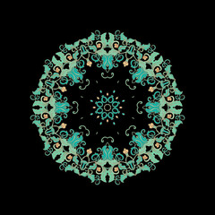 Turquoise decorative rosette - mandala with floral motif, on dark background	