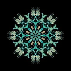 Turquoise decorative rosette - mandala with floral motif, on dark background	