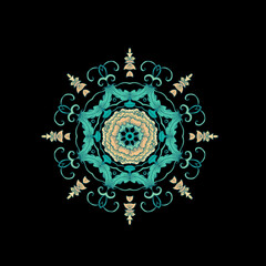 Turquoise decorative rosette - mandala with floral motif, on dark background	