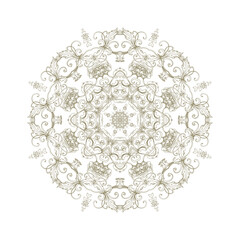 Golden decorative rosette - mandala with floral motif, on white background	