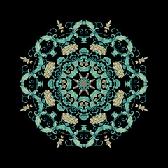 Turquoise decorative rosette - mandala with floral motif, on dark background	