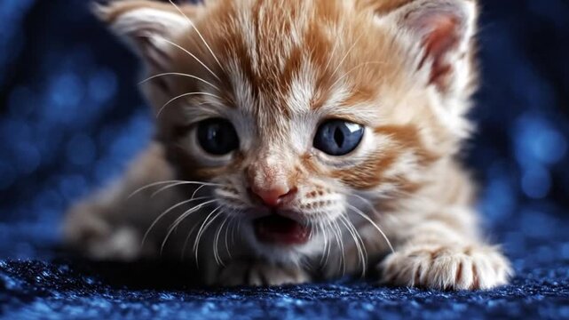 Adorable orange tabby kitten meowing with big blue eyes lying on a blue textured background
