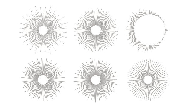 Six decorative radial starburst patterns with spiky circular outlines in grayscale.