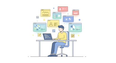 Fototapeta premium Man working at desk with digital elements